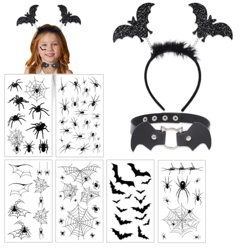 ZORVYN 1PCS Halloween Schläger Netz Haarreifen, Schläger Haarreif mit Halsketten, 6 Blätter Halloween Tattoos, Halloween Haarband, Kostüm Accessoire für Frauen Fasching Party Cosplay von ZORVYN