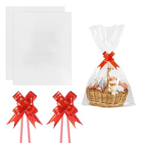 ZORVYN 2 PCS Large Transparent Cellophane Bags Gift Wrap with 2 Pull Bows for Gifts, Baskets, Flowers, Crafts, Treats, Wedding (75x100cm) (Transparent) von ZORVYN
