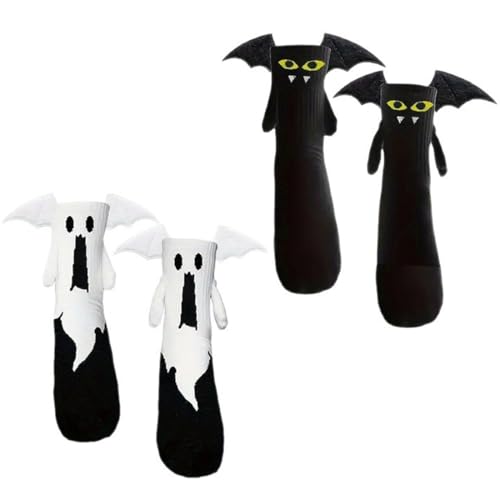 ZORVYN 2 Paare Halloween Socken Damen Männer Lustige Fledermaus Geist Magnetische Socken Witzige Baumwolle Strümpfe als Geschenk für Paare Halloween Accessoires von ZORVYN