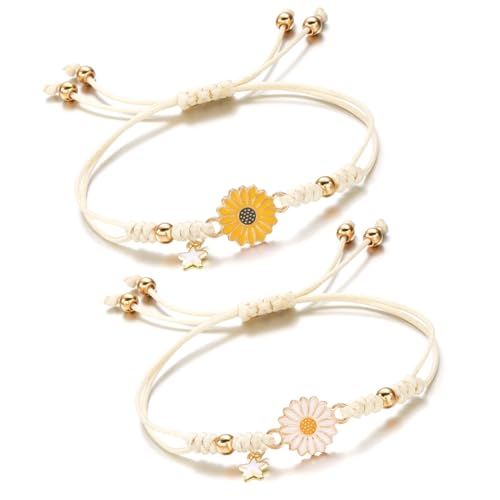 ZORVYN 2-teiliges geflochtenes Seil-Armband, Gänseblümchen-Armband, handgefertigtes Charm-Freundschaftsarmband mit Sterndekor, verstellbares Armband, Schmuckgeschenk (weißes Seil) (weiß + gelb) von ZORVYN