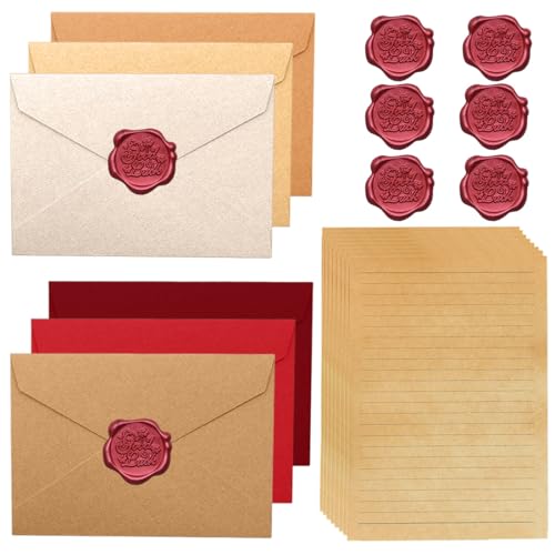 ZORVYN 20 Stück Vintage Briefpapier Set mit 6 Leinenumschlag Umschläge und Wachssiegel, Kraftpapier Umschläge, für Geburtstag, Hochzeits Einladung Grußkarten (A5) von ZORVYN