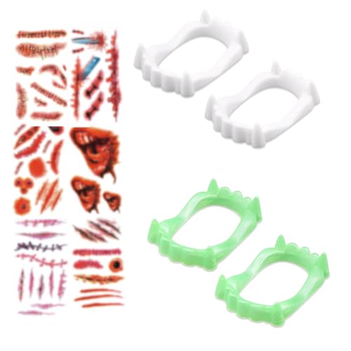 ZORVYN 2Pcs Kostümheld Vampirgebiss Vampirzähne zum Aufstecken für Kinder - Halloween, Fasching, Karneval Mit 6 Tattoo-Aufklebern von ZORVYN