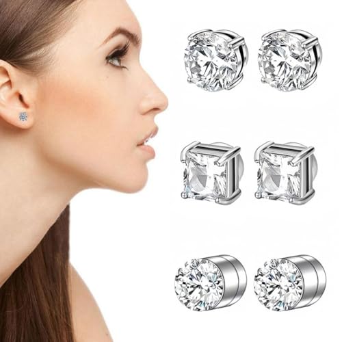 ZORVYN 3 Paare Magnetische Ohrringe Kein Piercing, Nicht DurchbZORVYNd, Ohrringe Herren Damen Set, Rund/Quadratisch (Silber) von ZORVYN