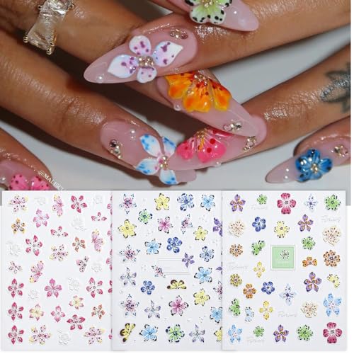ZORVYN 3 Stück 3D Selbstklebende Blumen Nagelaufkleber, Nagelsticker Nail,Hibiskus Nagelsticker, Nelbstklebend Nail Sticker,Nail Art Zubehör Nagel Deko für Frauen von ZORVYN