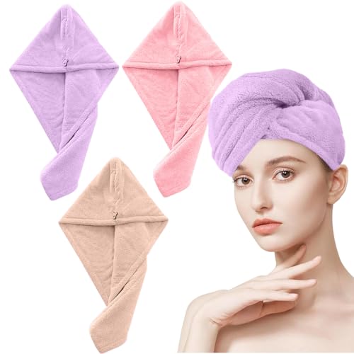 ZORVYN 3 Stück Haar Handtuch Turban, Mikrofaser Haartrocknungs-Handtuch mit Knöpfen, Schnelltrocknend, Haar Trocknendes Tuch für Alle Haartypen von ZORVYN