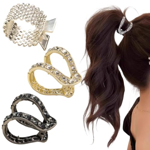 ZORVYN 3 Stück Modische Rutschfest Strass Haarspangen Damen Haarklammer Metall Halter Hoher Pferdeschwanz für Dickes Dünn Haar (Gold, Silber, Schwarz) von ZORVYN