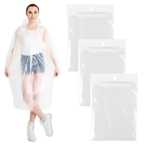 ZORVYN 3 Stück Verdickung Wasserdicht Leichtgewichts Regenponcho Damen Herren mit Tunnelzug Kapuze(Transparent) von ZORVYN
