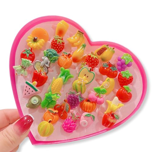 ZORVYN 36 Stück Kinderringe Mädchen – Frisches Obst & Gemüse Set, verstellbare Schmuck-Ringe in Herzbox, Geschenk für Geburtstag & Partys von ZORVYN