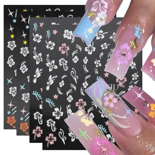 ZORVYN 4 Stück 3D Stereoskopisch Selbstklebend Nail Art Sticker,Flower Pattern Nagelsticker, Nagelsticker Nail Art Nagelsticker,Blumen Sommer Nagelsticker für Frauen und Mädchen von ZORVYN