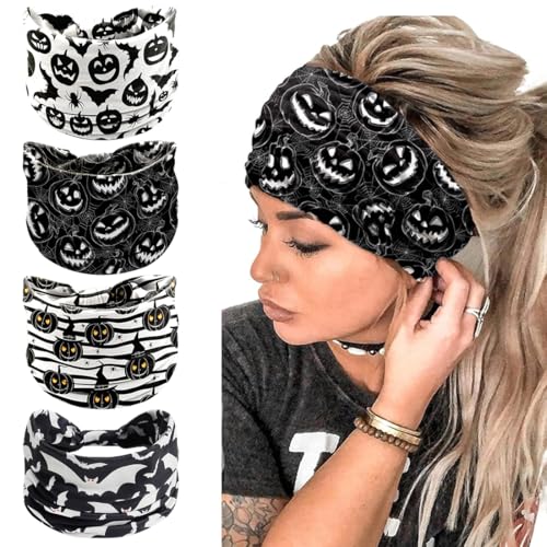 ZORVYN 4 Stück Halloween Haarband Damen Stirnband Breit Elastisch Haarbänder für Frauen Kopfband als Gruseliges Kostüm Accessoire von ZORVYN