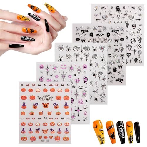 ZORVYN 5 Blatt Selbstklebend Nagelsticker Halloween Nail Art Sticker Nagelaufkleber Süßes Halloween Gespenst Dekoration Nageldesign Zubehör von ZORVYN