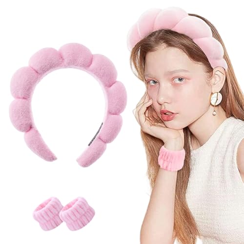 ZORVYN Damen Spa Stirnband Haarband Weicher Schwamm Hautpflege Haarreifen Haarschmuck zum Waschen des Gesichts, Mit ein Paar Armbänder, Make up Entferner, Dusche, Hautpflege (Rosa) von ZORVYN