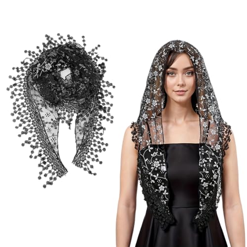 ZORVYN Dreiecksschleier Spitze Kopfbedeckung Kapellenschal Stickerei Anmut Brautschleier Eleganz Tüll Blumen-Haarschmuck passend für Party Geburtstag Hochzeit Maskerade (Schwarz) von ZORVYN
