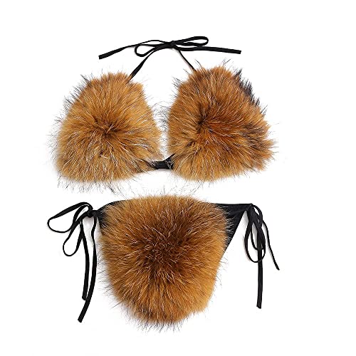 ZOSCGJMY Damen Flauschige Künstliche Fell Pelz Bikini Set Triangel Bikini Zweiteiliger Badeanzug (Braun) von ZOSCGJMY