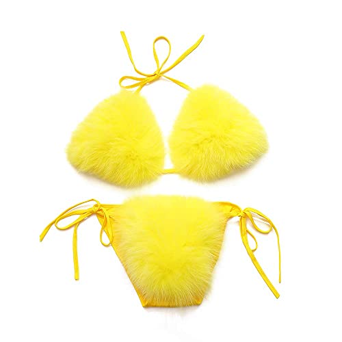 ZOSCGJMY Damen Flauschige Künstliche Fell Pelz Bikini Set Triangel Bikini Zweiteiliger Badeanzug (Gelb) von ZOSCGJMY