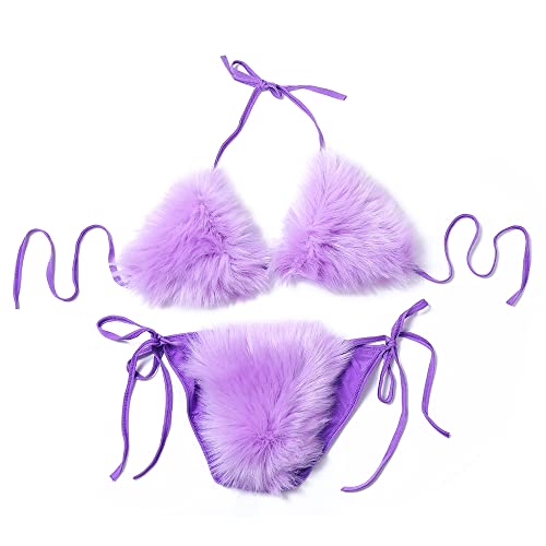 ZOSCGJMY Damen Flauschige Künstliche Fell Pelz Bikini Set Triangel Bikini Zweiteiliger Badeanzug (Helles Lila) von ZOSCGJMY