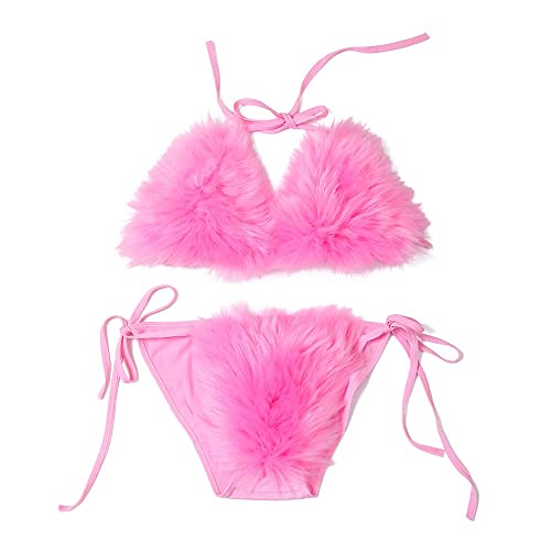 ZOSCGJMY Damen Flauschige Künstliche Fell Pelz Bikini Set Triangel Bikini Zweiteiliger Badeanzug (Rosa-2) von ZOSCGJMY