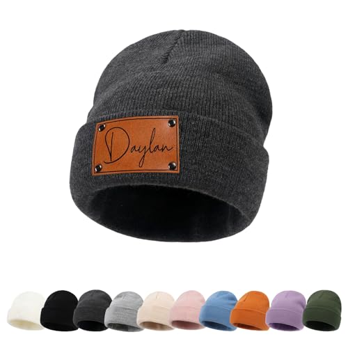 ZOTIMEF Personalisierte Baby-Beanie-Mütze - Individueller Namenslederflicken Gestrickte Beanies Mützen für Kleinkinder Bis Erwachsene Geschenke Dunkelgrau von ZOTIMEF