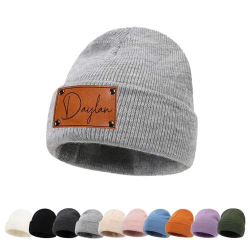 ZOTIMEF Personalisierte Baby-Beanie-Mütze - Individueller Namenslederflicken Gestrickte Beanies Mützen für Kleinkinder Bis Erwachsene Geschenke Hellgrau von ZOTIMEF