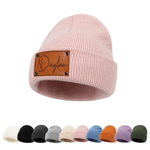 ZOTIMEF Personalisierte Baby-Beanie-Mütze - Individueller Namenslederflicken Gestrickte Beanies Mützen für Kleinkinder Bis Erwachsene Geschenke Hellrosa von ZOTIMEF