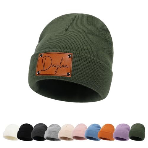 ZOTIMEF Personalisierte Baby-Beanie-Mütze - Individueller Namenslederflicken Gestrickte Beanies Mützen für Kleinkinder Bis Erwachsene Geschenke Olivgrün von ZOTIMEF
