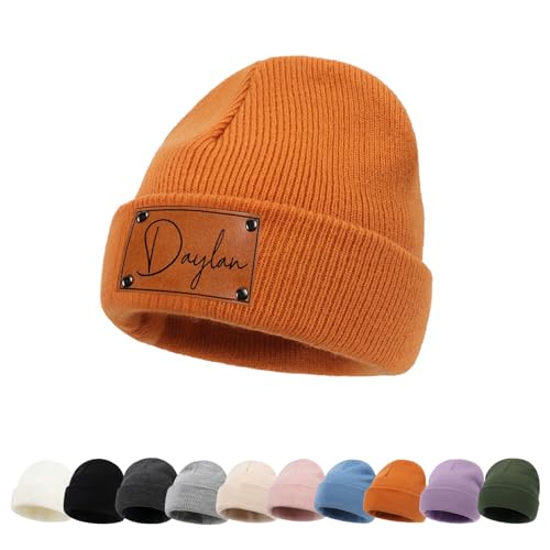 ZOTIMEF Personalisierte Baby-Beanie-Mütze - Individueller Namenslederflicken Gestrickte Beanies Mützen für Kleinkinder Bis Erwachsene Geschenke Orange von ZOTIMEF