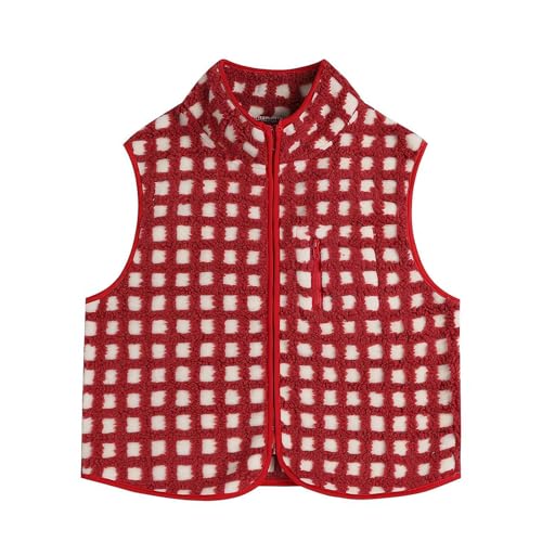 ZOUBAOQ Damen Karierte Polarfleeceweste Ärmellos Cardigan Reißverschluss Plaid Gilet Winter Cardigan Rot Sherpa Warme Outfits, rot, L von ZOUBAOQ
