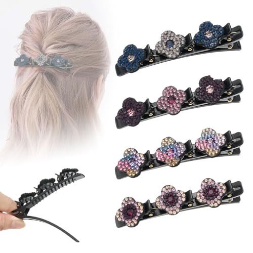 4 Stück geflochtene Haarspangen mit Strasssteinen,Haarspangen mit funkelnden Kristallsteinen,Haarstyling-Clips, doppellagige Haarspange mit Strasssteinen für Damen und Mädchen(Blätter-Style1) von ZOUIQSS
