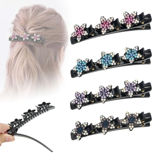 4 Stück geflochtene Haarspangen mit Strasssteinen,Haarspangen mit funkelnden Kristallsteinen,Haarstyling-Clips, doppellagige Haarspange mit Strasssteinen für Damen und Mädchen(Stern-Style3) von ZOUIQSS