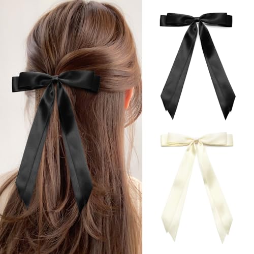 ZOUIQSS 2 Stück Satin-Haarschleifenclips, Haarband-Pferdeschwanzhalter mit langer Quaste, Haarspangen mit Metallclips und Schleife für Frauen und Mädchen(Black+Beige) von ZOUIQSS