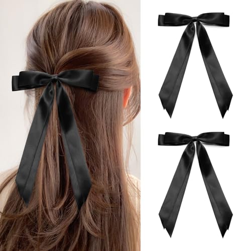 ZOUIQSS 2 Stück Satin-Haarschleifenclips, Haarband-Pferdeschwanzhalter mit langer Quaste, Haarspangen mit Metallclips und Schleife für Frauen und Mädchen(Black+Black) von ZOUIQSS