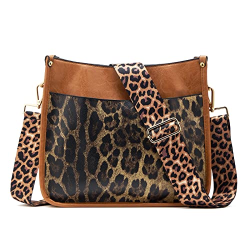 ZOUIQSS Dame Crossbody Taschen Leder Umhängetasche Frauen Hobo Handtasche mit Reißverschluss Schultertasche mit verstellbarem Riemen(Leopard Braun(5CM) Leopard1) von ZOUIQSS