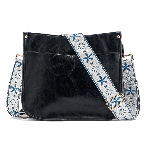 ZOUIQSS Dame Crossbody Taschen Leder Umhängetasche Frauen Hobo Handtasche mit Reißverschluss Schultertasche mit verstellbarem Riemen(Schwarz(5CM) Farbe75) von ZOUIQSS