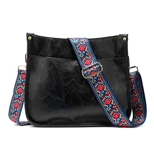 ZOUIQSS Dame Crossbody Taschen Leder Umhängetasche Frauen Hobo Handtasche mit Reißverschluss Schultertasche mit verstellbarem Riemen(Schwarz(5cm) Löwenzahn) von ZOUIQSS