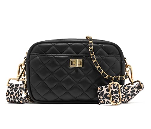 ZOUIQSS Damen Umhängetasche Leder Raute Frauen Crossbody Schultertasche Metallknopf Handtasche mit verstellbaren Schultergurten(Schwarz(3.5CM) Leopard2) von ZOUIQSS