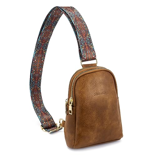 ZOUIQSS Klein Brusttasche Bauchtasche Damen Sling Bag Leder Gürteltaschen mit Gitarrengurt Frauen Umhängetasche für Reisen(Braun (3,8 CM) Farbe3) von ZOUIQSS