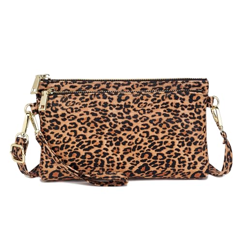 ZOUIQSS Kleine Dreifach Reißverschluss Umhängetasche Leichte Handtaschen Geldbörse Vegan Kunstleder Handgelenkstasche,Inklusive verstellbarer Schulter(Leopard) von ZOUIQSS
