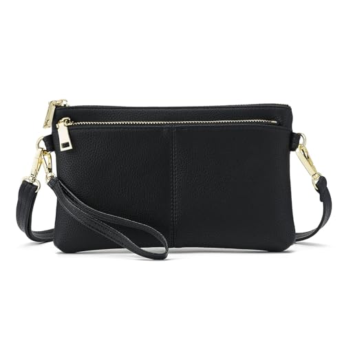 ZOUIQSS Kleine Dreifach Reißverschluss Umhängetasche Leichte Handtaschen Geldbörse Vegan Kunstleder Handgelenkstasche,Inklusive verstellbarer Schulter(Black(LZ)) von ZOUIQSS