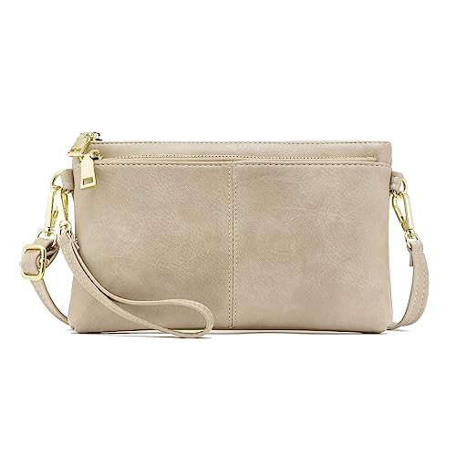 ZOUIQSS Kleine Dreifach Reißverschluss Umhängetasche Leichte Handtaschen Geldbörse Vegan Kunstleder Handgelenkstasche,Inklusive verstellbarer Schulter(Classics Beige) von ZOUIQSS