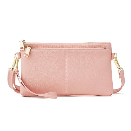 ZOUIQSS Kleine Dreifach Reißverschluss Umhängetasche Leichte Handtaschen Geldbörse Vegan Kunstleder Handgelenkstasche,Inklusive verstellbarer Schulter(Pink(LZ)) von ZOUIQSS