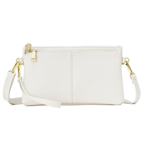ZOUIQSS Kleine Dreifach Reißverschluss Umhängetasche Leichte Handtaschen Geldbörse Vegan Kunstleder Handgelenkstasche,Inklusive verstellbarer Schulter(White(LZ)) von ZOUIQSS