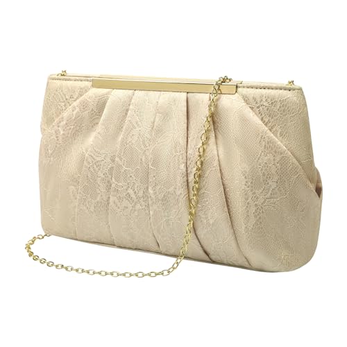 ZOUIQSS Spitze Abendtasche Damen Clutch Elegant Brauttasche aus Plissierter Satin mit Kette Handtasche für Hochzeit Abschlussball Party(Spitze Champagner) von ZOUIQSS