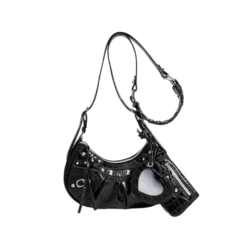 Kleine Punk Umhängetasche für Damen - PU Leder Y2K Punk Stil Handtasche Schwarz Halbmond Hobo Tasche mit Nieten & Herzförmigem Anhänger für den täglichen Gebrauch, Schwarz , Small Kleine Punk Umhängetasche für Damen - PU Leder Y2K Punk Stil Handtasche Schwarz Halbmond Hobo Tasche mit Nieten & Herzförmigem Anhänger für den täglichen Gebrauch, Schwarz , Small von ZOVYRON