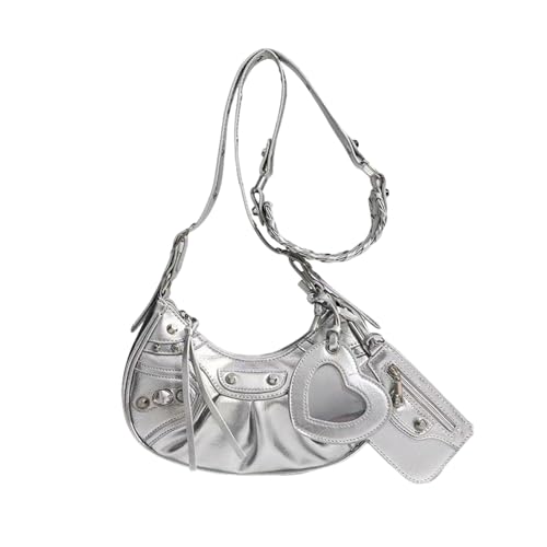 Kleine Punk Umhängetasche für Damen - PU Leder Y2K Punk Stil Handtasche Schwarz Halbmond Hobo Tasche mit Nieten & Herzförmigem Anhänger für den täglichen Gebrauch, silber, Small Kleine Punk Umhängetasche für Damen - PU Leder Y2K Punk Stil Handtasche Schwarz Halbmond Hobo Tasche mit Nieten & Herzförmigem Anhänger für den täglichen Gebrauch, silber, Small von ZOVYRON