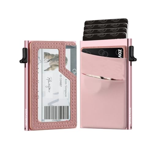 ZOVYRON Schlanke, minimalistische Geldbörse mit Ausweisfenster, Pop-Up-Kartenhalter mit Geldfach, intelligente Brieftasche für Herren, RFID-blockierendes Kartenetui aus Metall, Pink, Minimalistisch von ZOVYRON