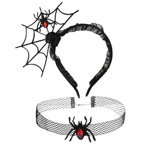 Spinnen Haarreif Damen Halloween Cosplay Accessoires für Halloween Karneval Cosplay Party Fasching Kostüm Zubehör, Halloween Spinnennetz Stirnbänder Hals Spitze Choker Halsbekleidung von ZOWEXIQ