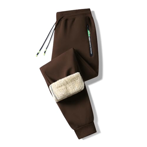 ZOXOZ Jogginghose Herren Baumwolle Sherpa Gefüttert Warme Winter Fleece Traininghose Sporthose Lang mit Reißverschluss Taschen Braun XL von ZOXOZ