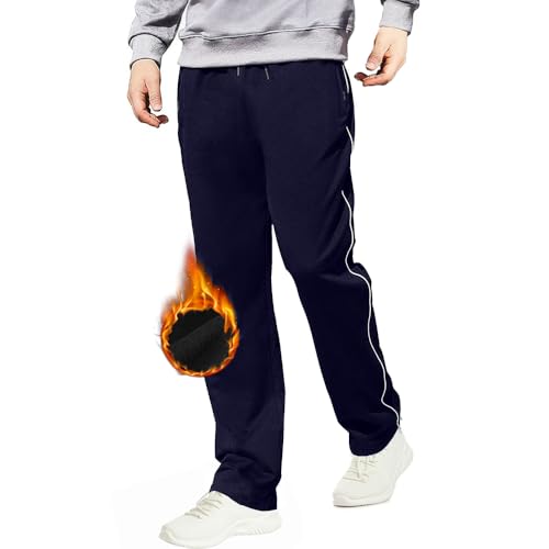 ZOXOZ Jogginghose Herren Baumwolle Thermo Gefüttert Warme Winter Fleece Sporthose Lang Traininghose Loose mit Reißverschluss Taschen Blau L von ZOXOZ