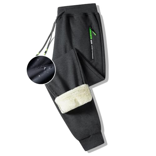 ZOXOZ Jogginghose Herren Fleece Sherpa Gefüttert Jogginghose Wasserdicht Warm Baumwolle Winter Hose Traininghose Sporthose Lang mit Reißverschluss Taschen Dunkelgrau 2XL von ZOXOZ