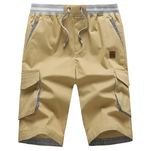 ZOXOZ Kurze Hosen Herren Cargo Shorts Sommer Freizeit Shorts Chino Kurze Hose Herren Baumwolle Multi-Taschen mit Tunnelzug Khaki 2XL von ZOXOZ